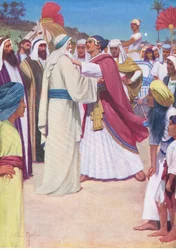 Jakob und Joseph treffen sich, aus Das Bibelbilderbuch veröffentlicht von Thomas Nelson, ca. 1950